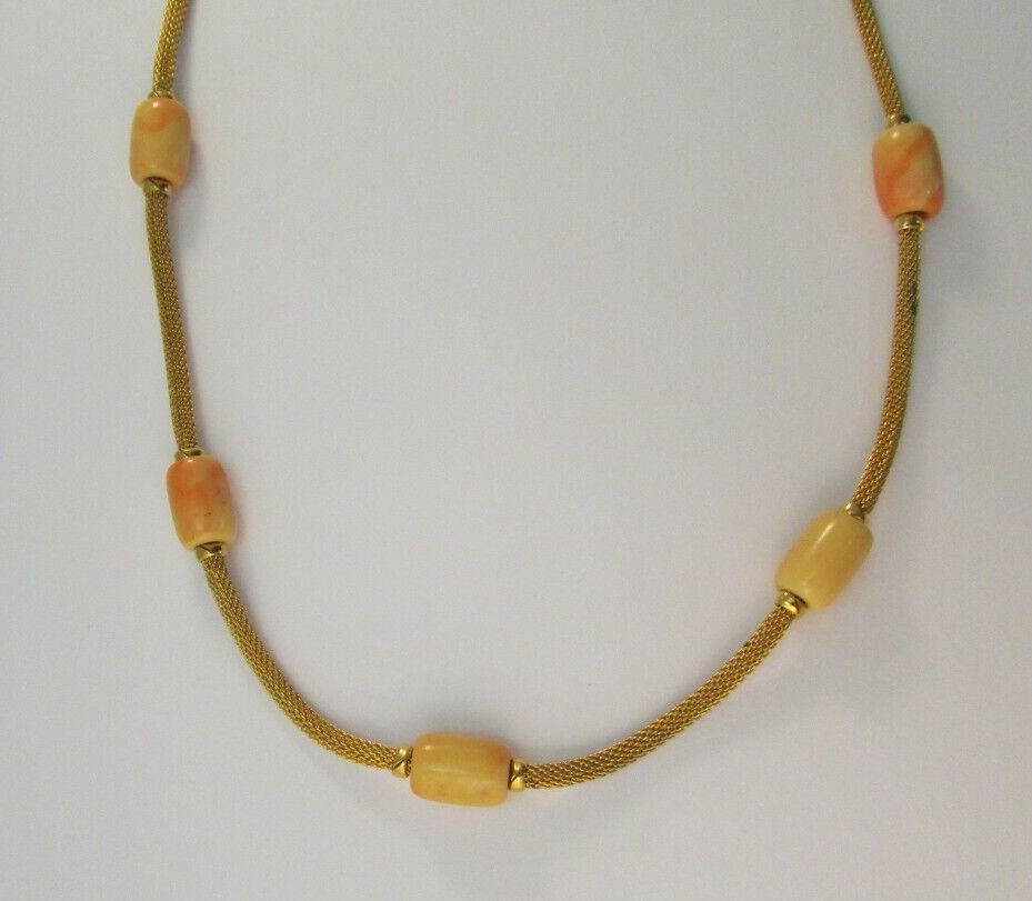 Vintage CROWN TRIFARI Gold Tone Mesh Rope Necklace Cream/Orange Beads READ