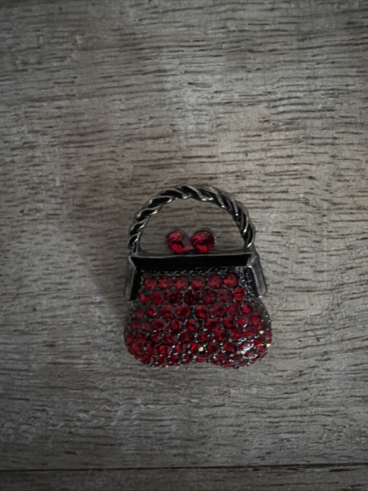 Gunmetal Silver Tone Red Rhinestone Mini Purse Small Brooch Pin Vintage 1 Inch