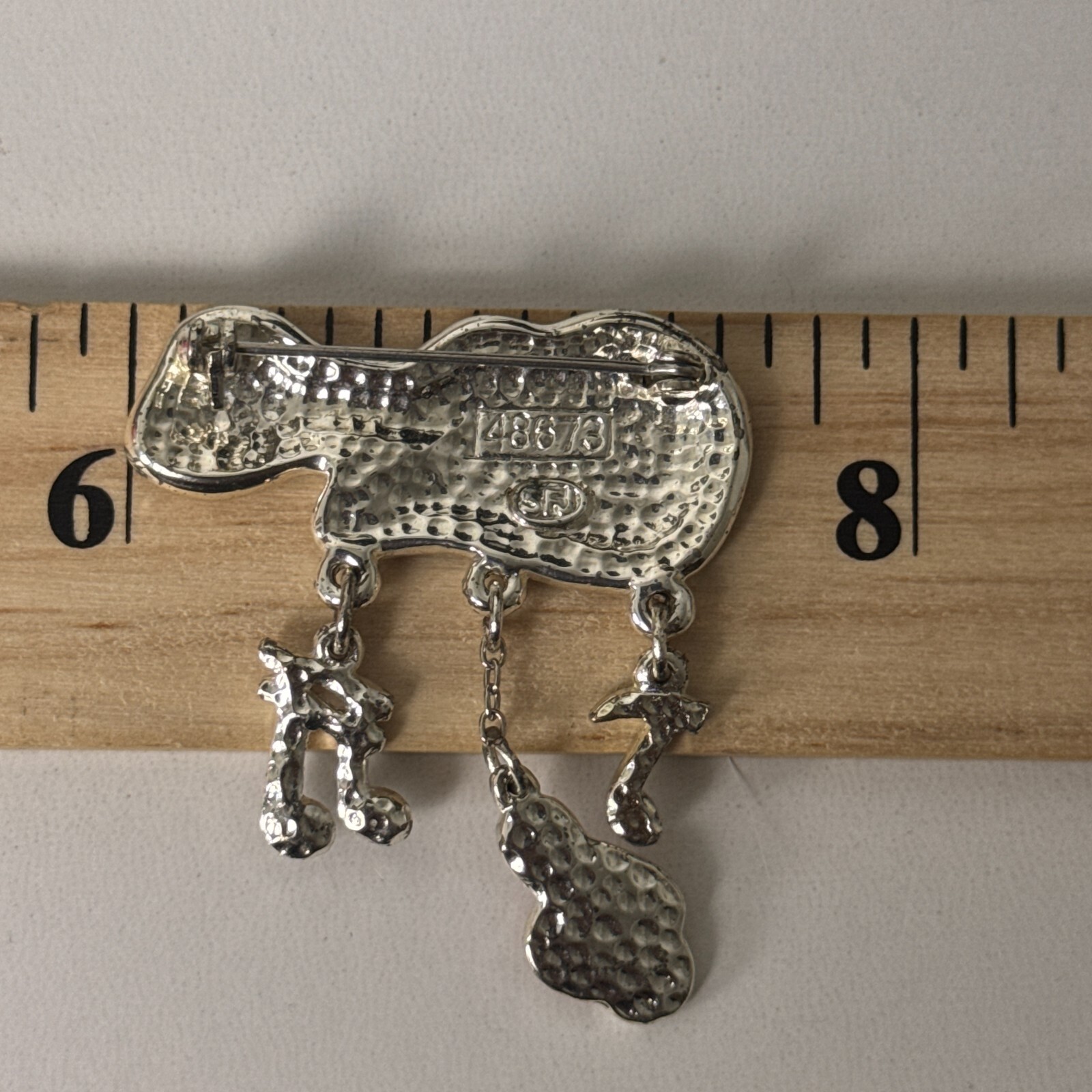 Vintage Silver-Tone Musical Guitar Pin Brooch Enamel Dangle Notes Statement