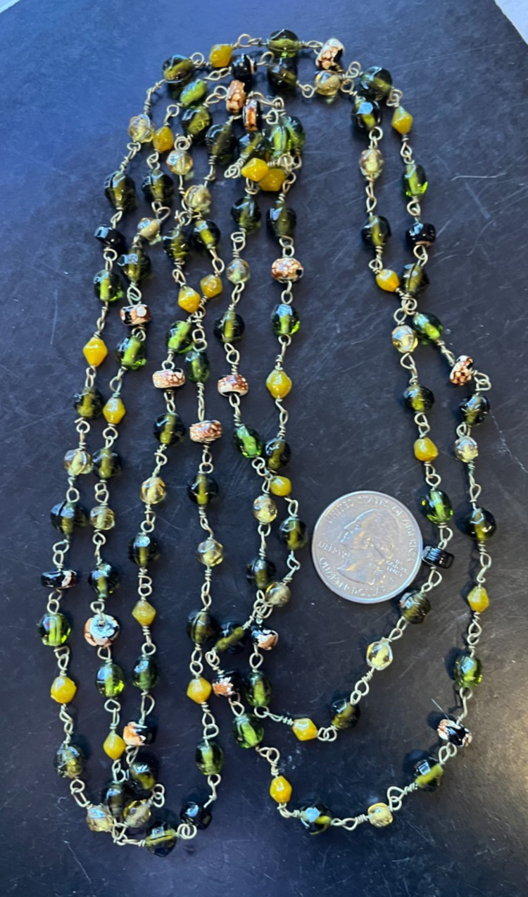 Pretty Antique Earthtones Multi-shape Molded Glass Beads Hand Wired 62″ Necklace