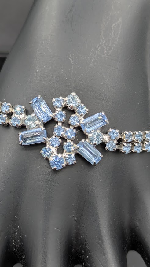 Vintage Rhinestone Bracelet Earrings Set Blue Crystal Silver Tone