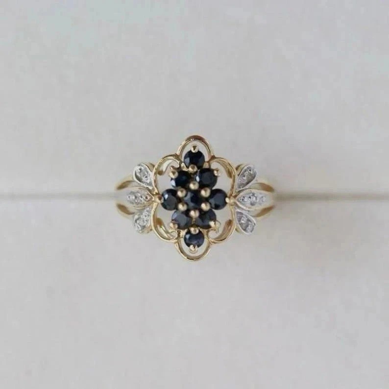 Round Cut 1CT Real Sapphire Floral Cluster Ring Vintage 14k Two-Tone Gold Finish
