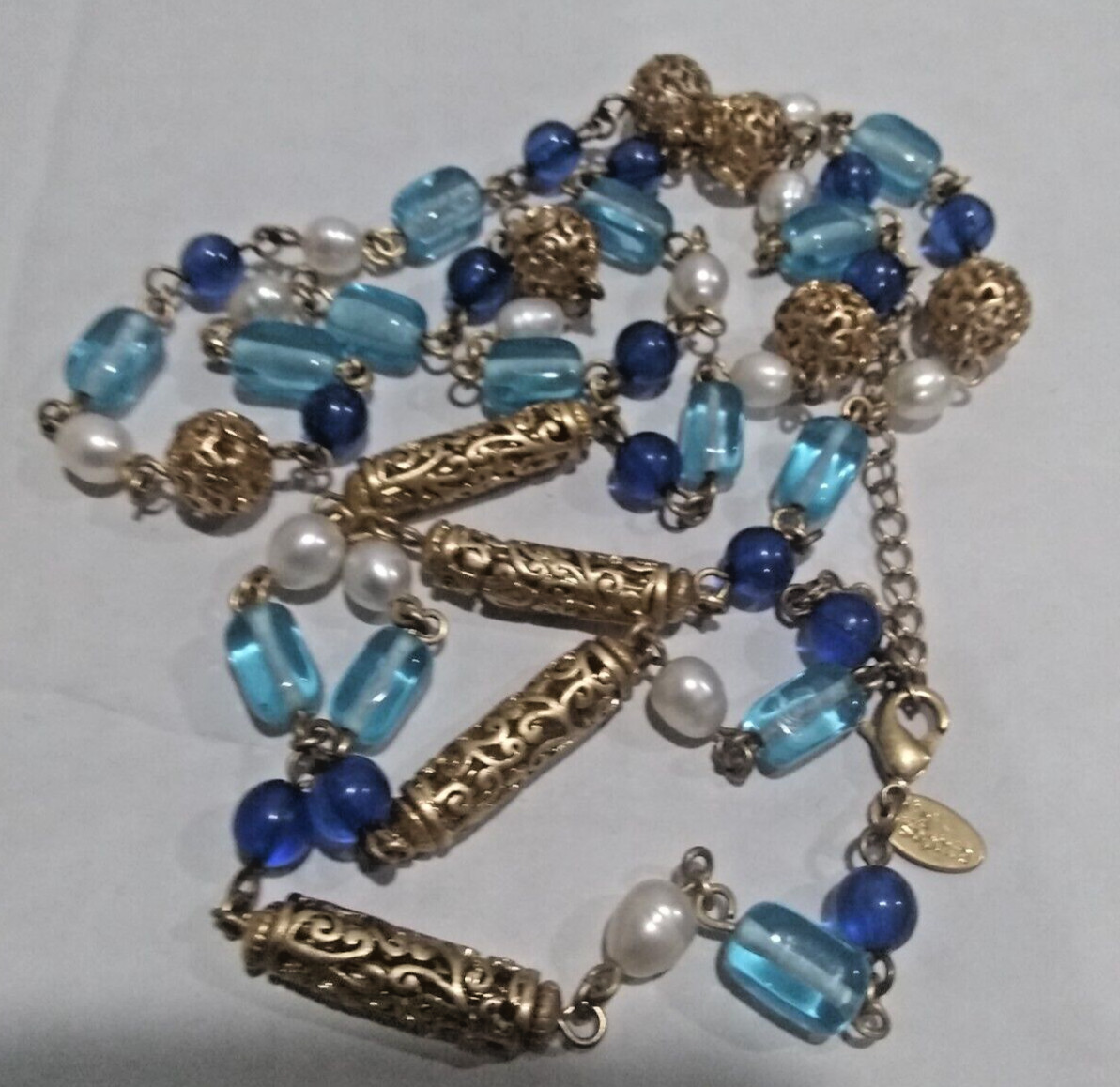 2 Necklaces. Black Egyptian Necklace & Blue Glass and cultured Pearls