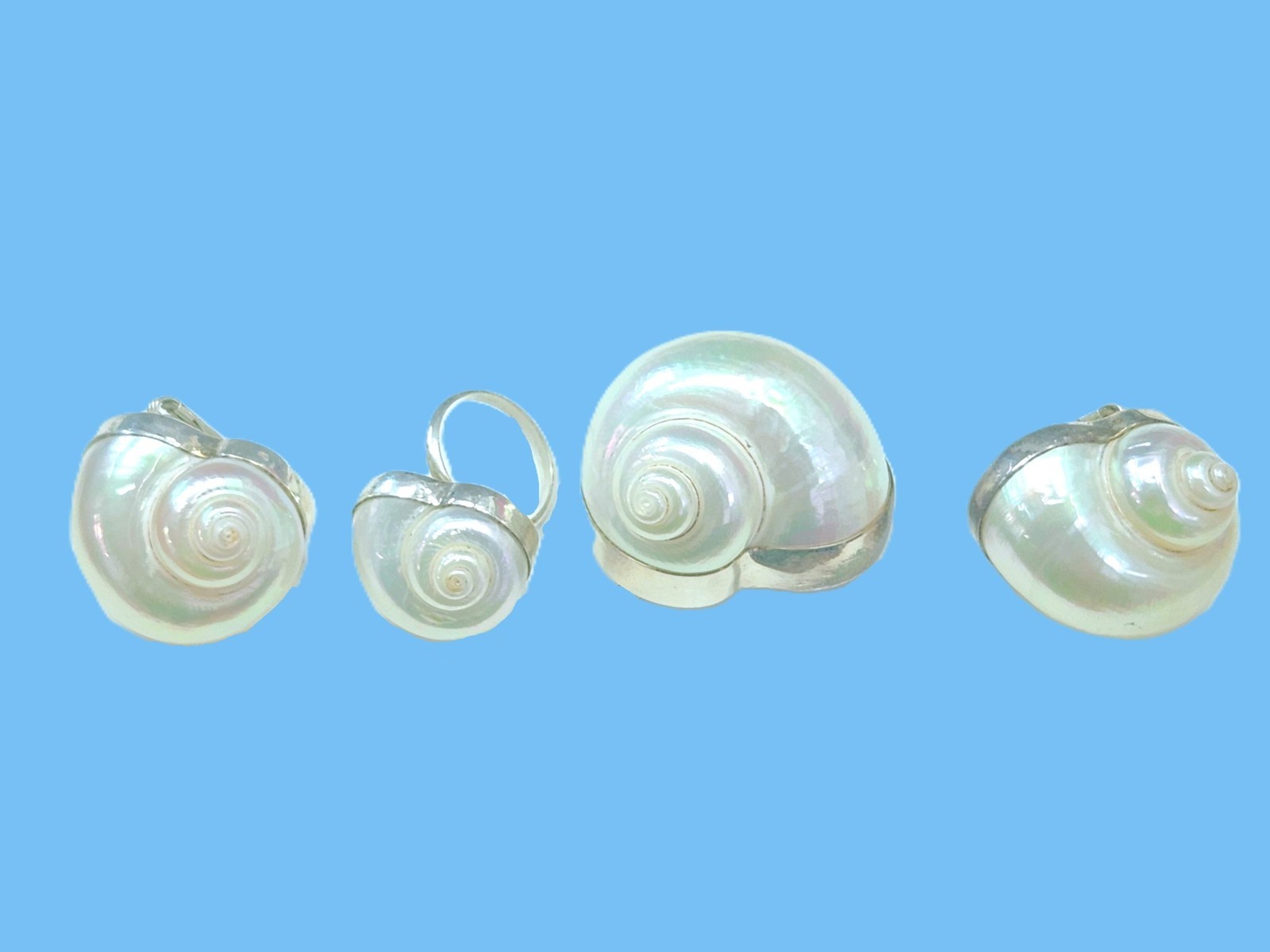 Vtg Betsy Fuller Sterling Silver Seashell Parure Set – Earrings, Brooch and Ring