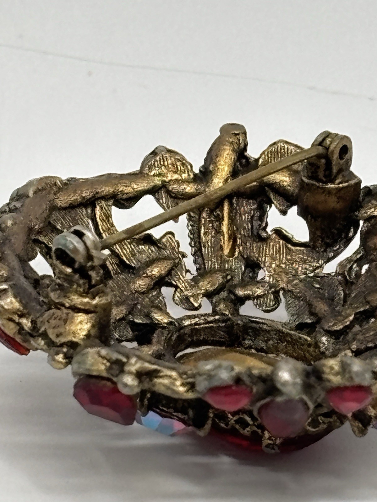 Vintage Red And Iridescent Rhinestone Brooch Antique Gold Tone 2”
