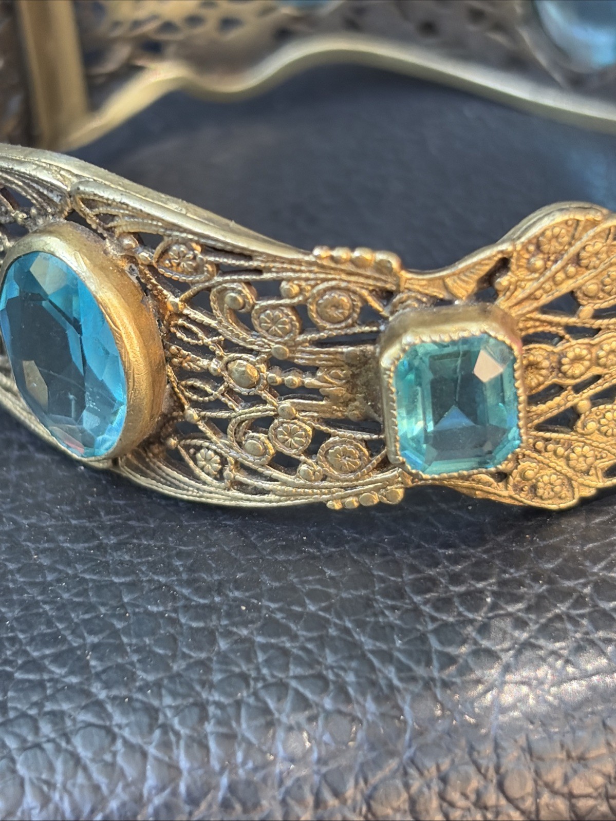 Vintage Brass Cuff Bracelet Blue Stones and Fine Filigree Design