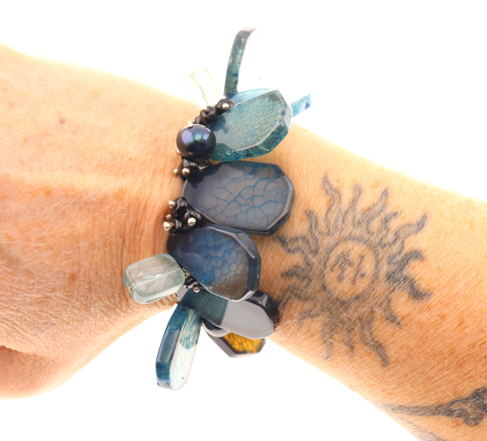 Amy Kahn Russell Sterling Silver Agate Onyx Stretch Bracelet