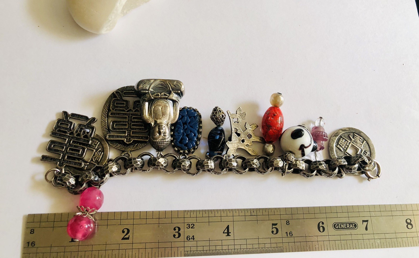 VTG Germany Bracelet, Asian Theme, Murano&plastic, Beautiful Silver Tone, Heavy.