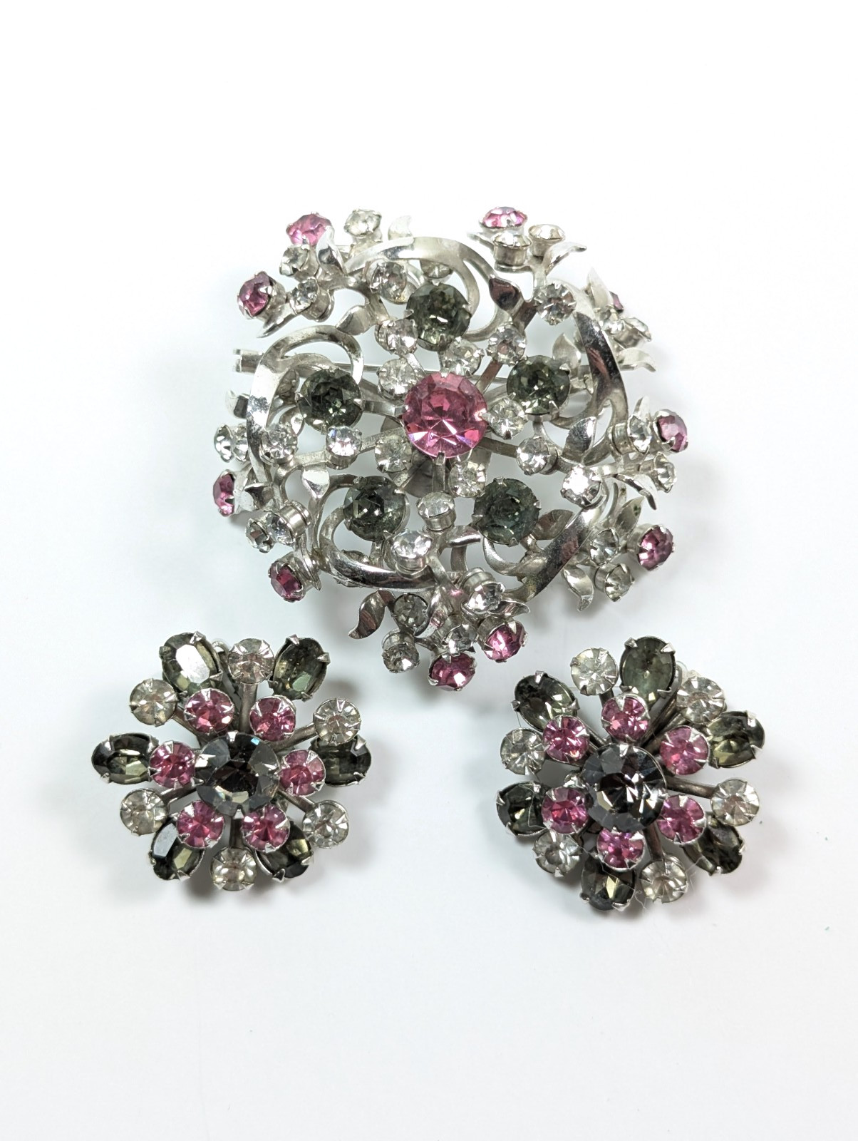 Vintage 3D Rhinestone Brooch and Earrings Set Gray Pink Flower Floral Clip on