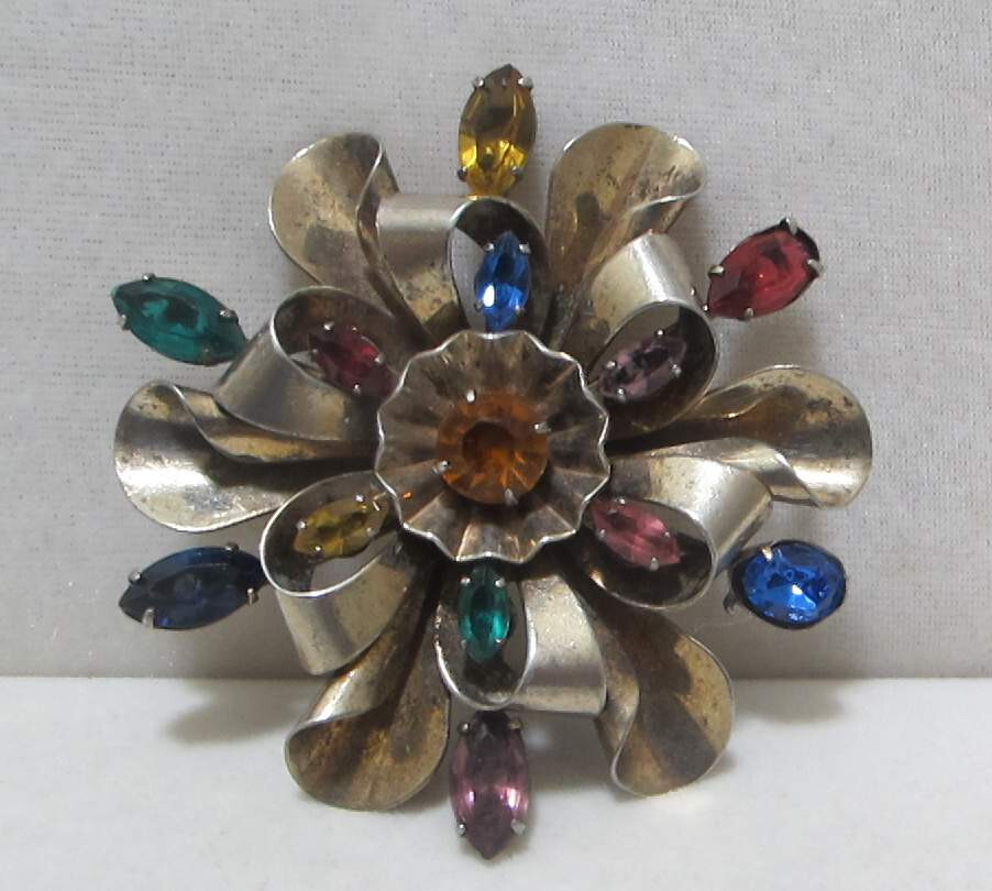 Vtg 2-3/8” Gold-Plated Sterling Layered Brooch Multi Color Rhinestones 30 Grams