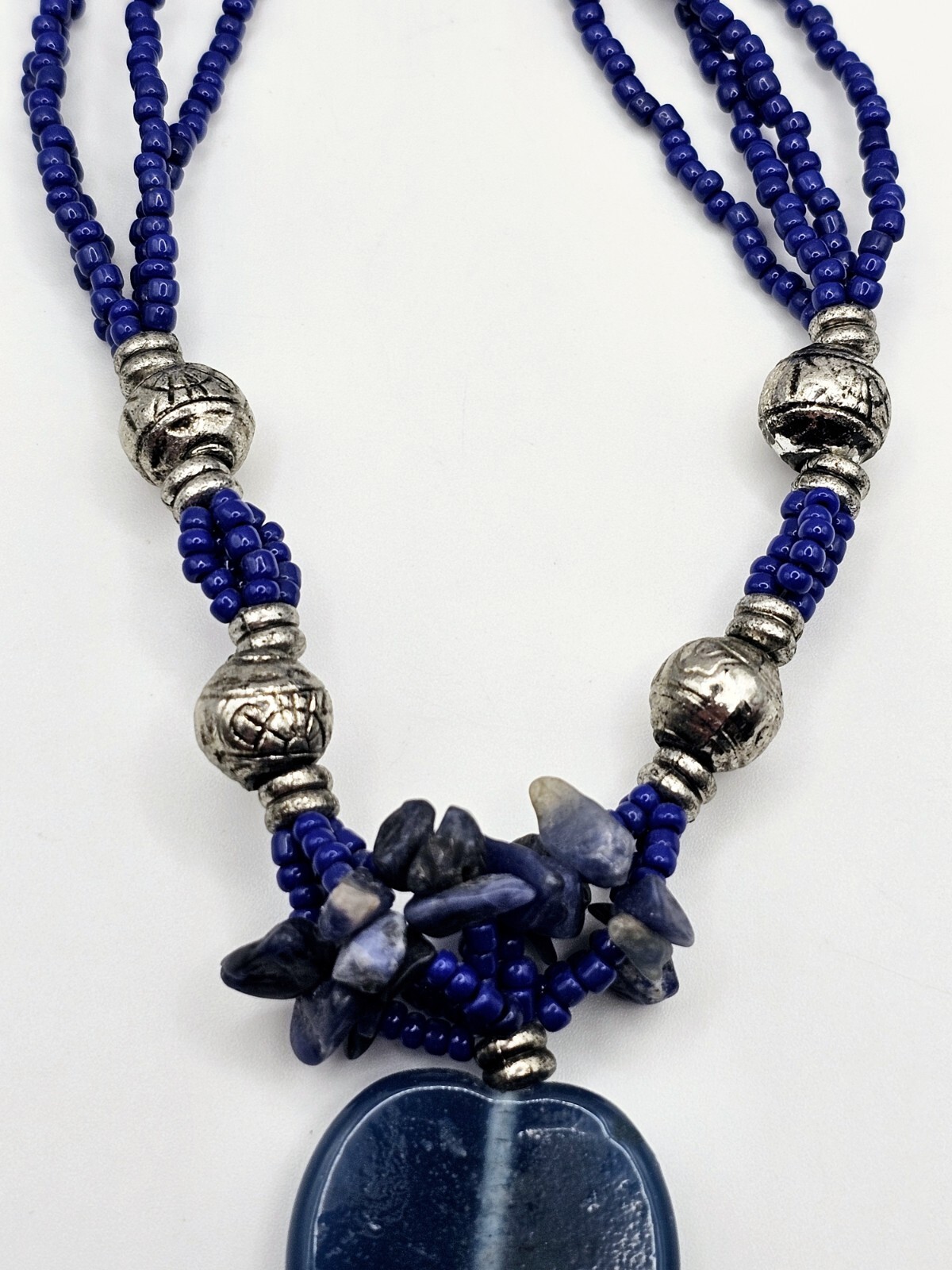 Vintage Glass Beaded Tassel Necklace Blue Native Boho Sodalite Southwestern