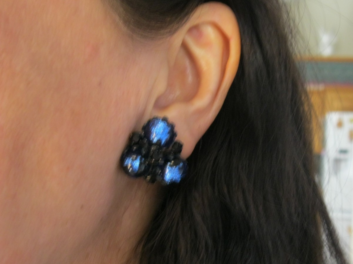 Josef Morton Blue, Black Art Glass Beads 2 Strands Necklace & Clip Earrings Set