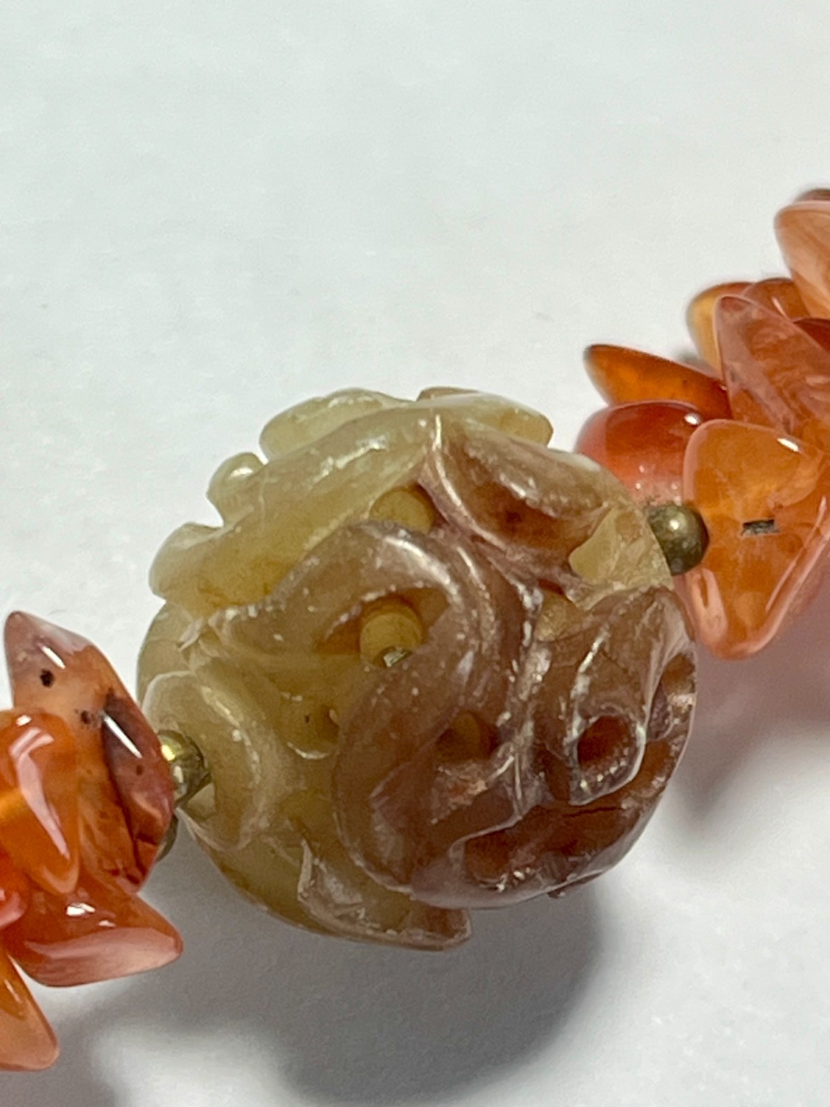 VTG Chinese Carved Jade Balls, Tiger’s Eye, Cloisonne & Carnelian Stone Necklace