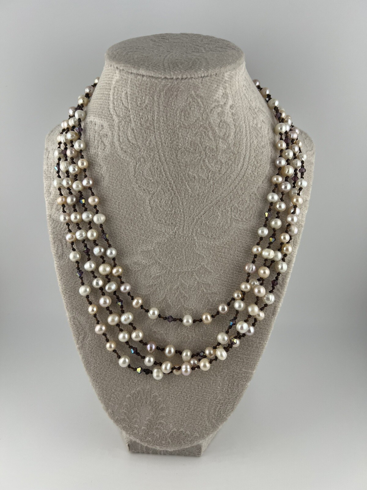VINTAGE Set of 2 Baroque Pearl Knotted Brown Leather Necklace 20” A53