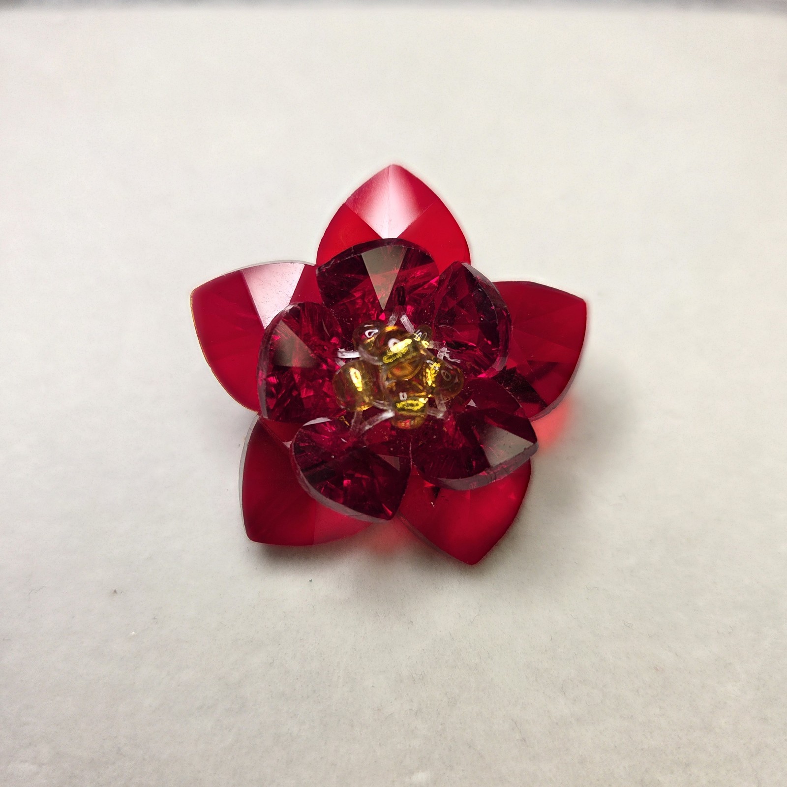 Vintage Red Glass Crystal Flower Brooch Pin Faceted 3D Mud Century Retro