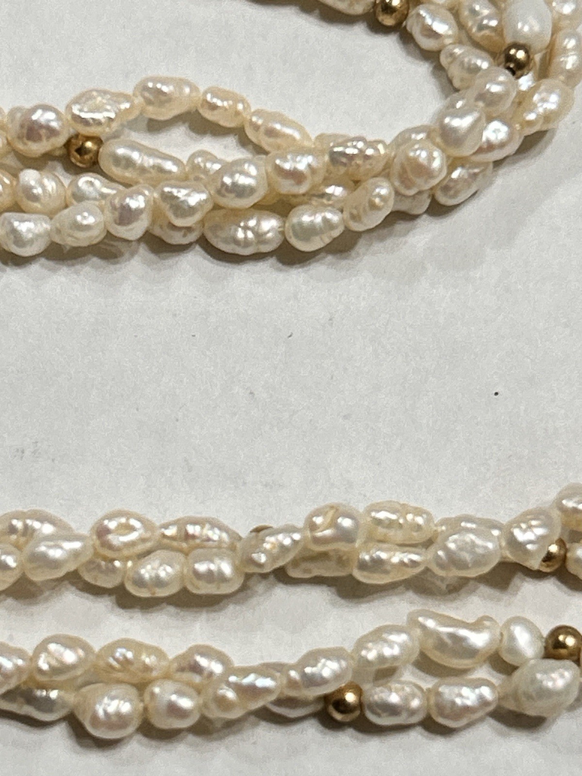 Long 56” Opera Length Necklace Rice Pearls & Gold Plated Beads, 2 Strand Twisted