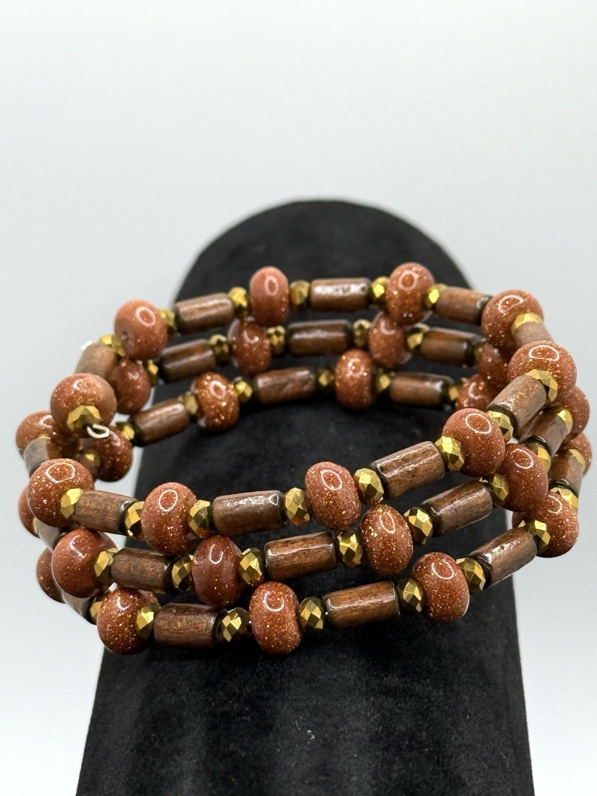 Vintage Bracelet Wood Goldstone Gemstone Wired Wrap Multi-strand Bohemian Boho