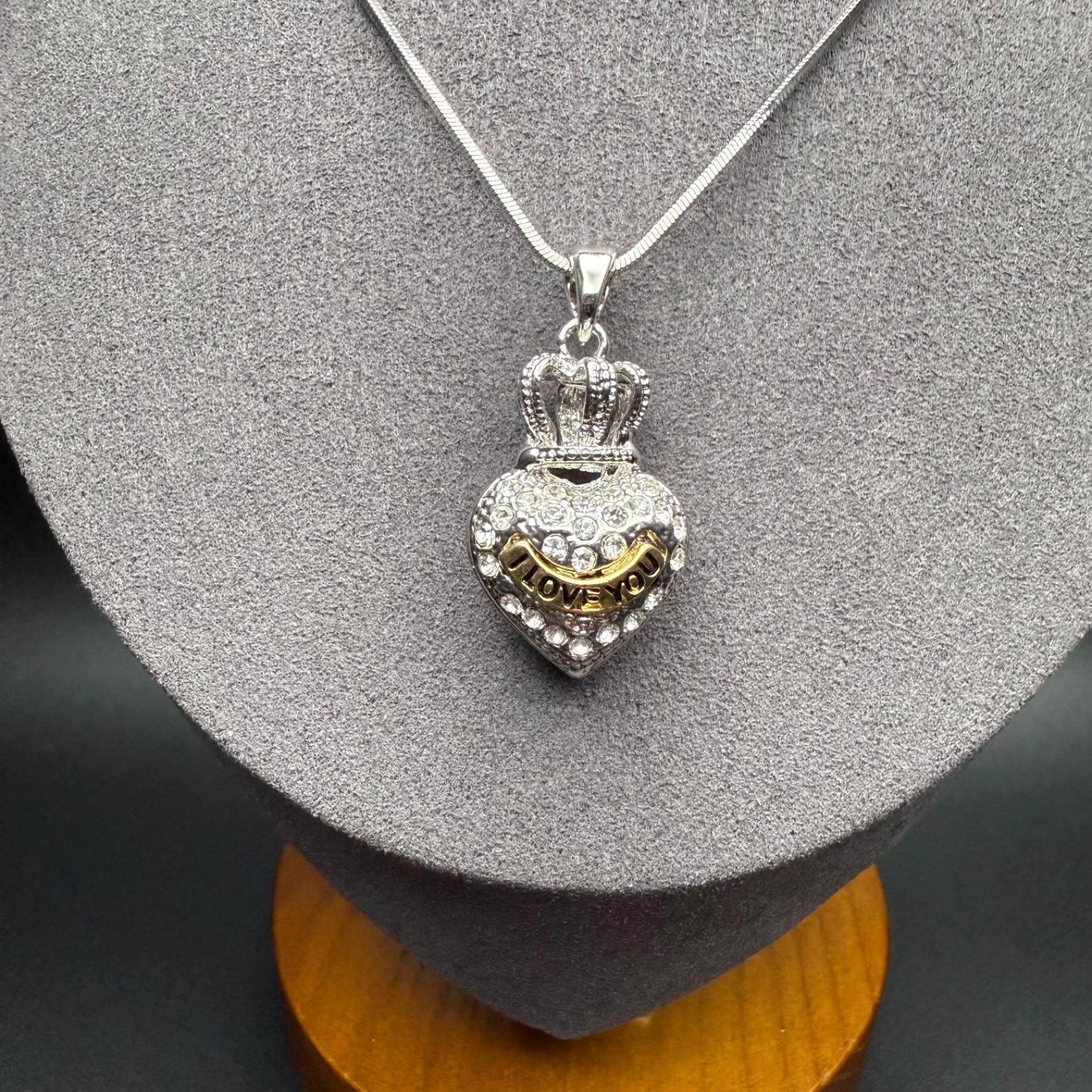 Rhinestone Crown Heart Silver & Gold Tone I LOVE YOU Pendant Necklace Y2K 2000s