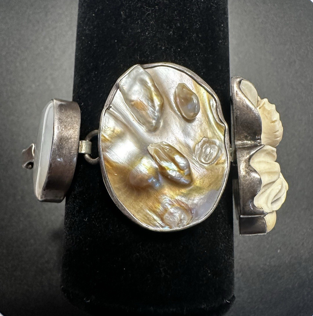 Rebecca Collins Sterling Silver Chunky Bracelet Large Stones, Pearl, Flower 8″
