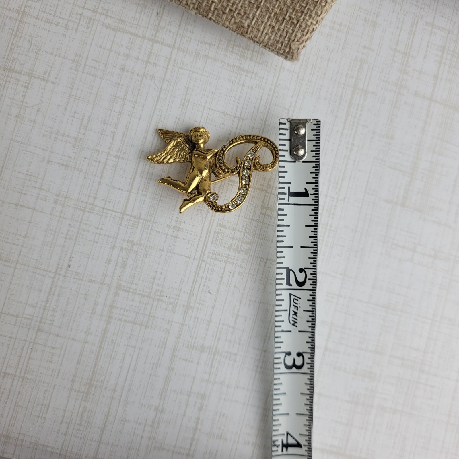 1928 Brand Gold Tone Rhinestone Angel Brooch Holding Initial Alphabet Letter P