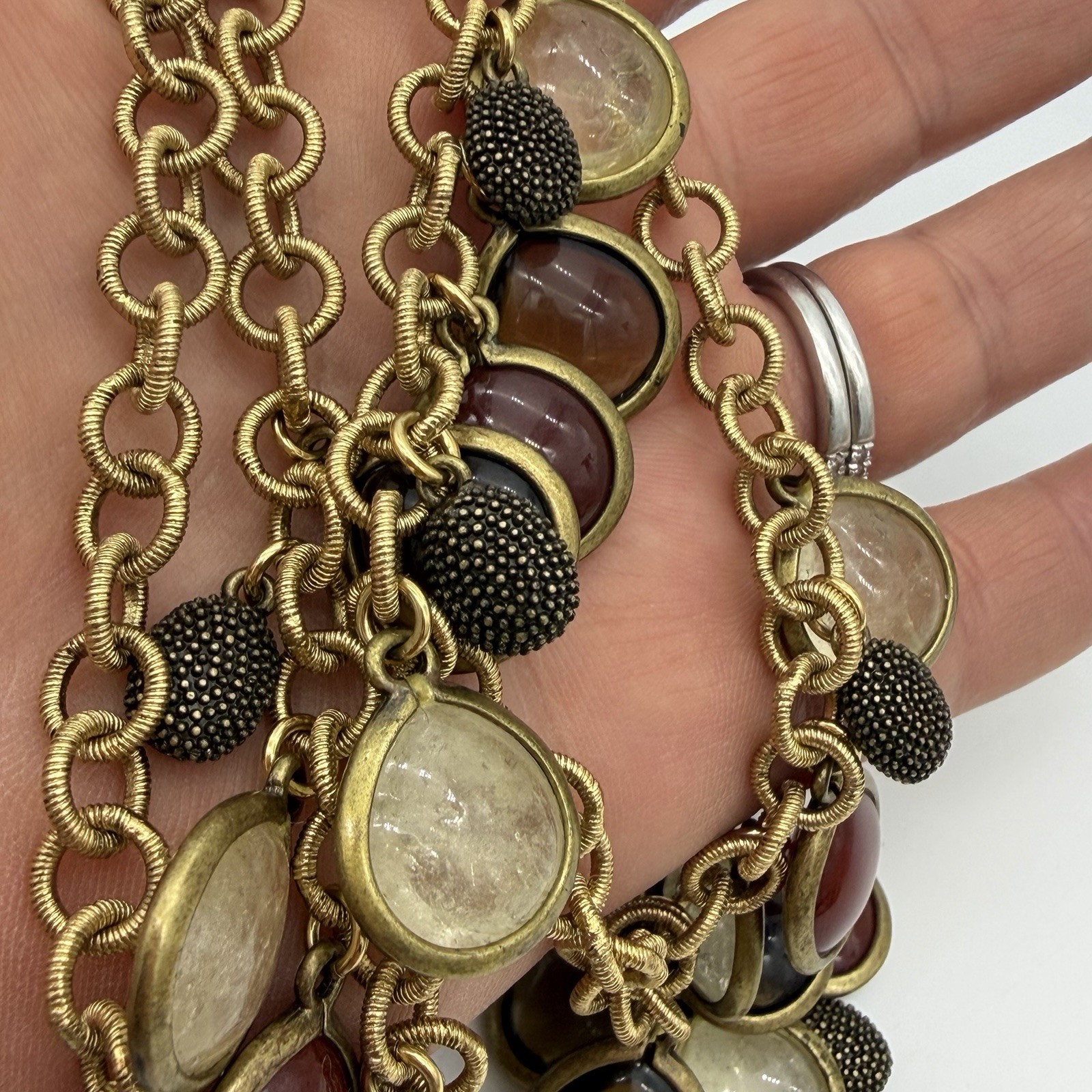 Vtg Monet Caged Glass Necklace Grpoix Style Cabochons Charm Dangle Long