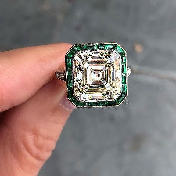 Art Deco Asscher Cut Lab Created Diamond and Emerald Halo 14K White Gold FN Ring