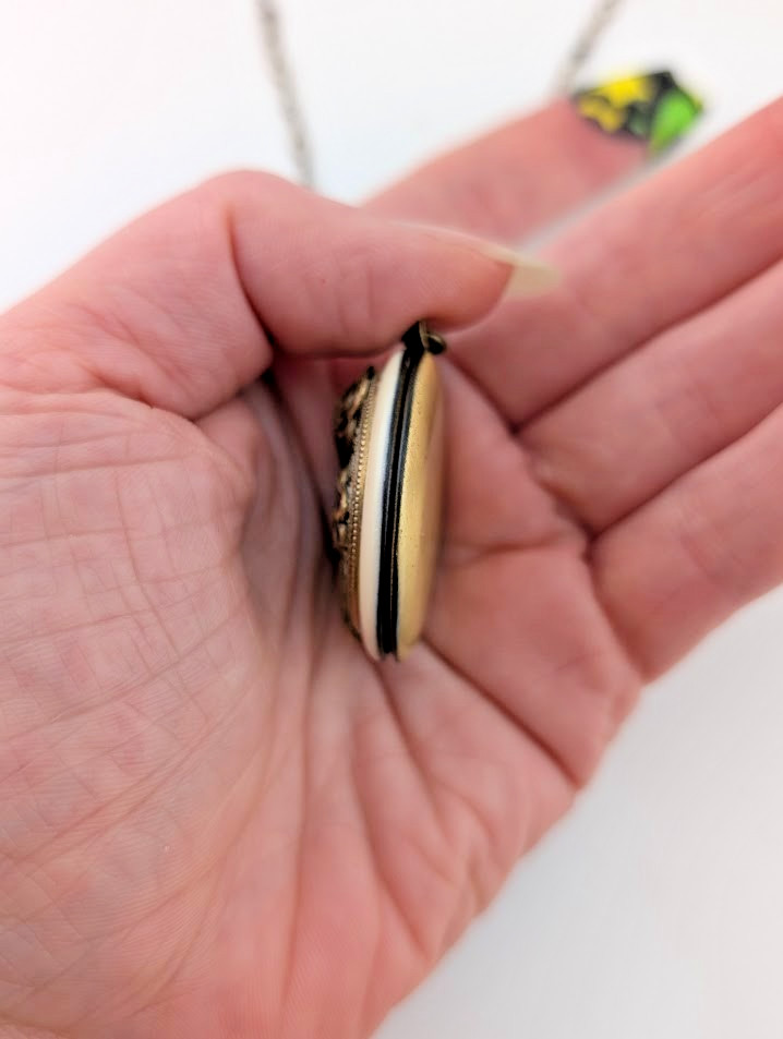 BRASS IRIS FLOWER LOCKET enamel art nouveau style photo pendant bronze chain B6