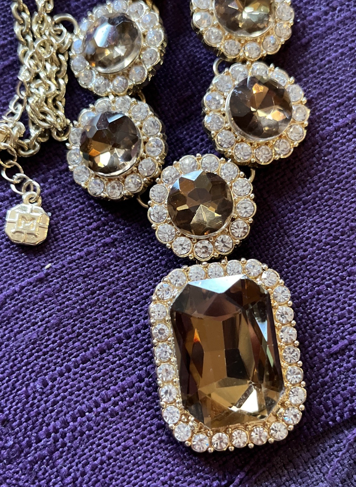 Vintage Monet Faceted Golden Topaz Crystal & Clear Rhinestone Statement Necklace