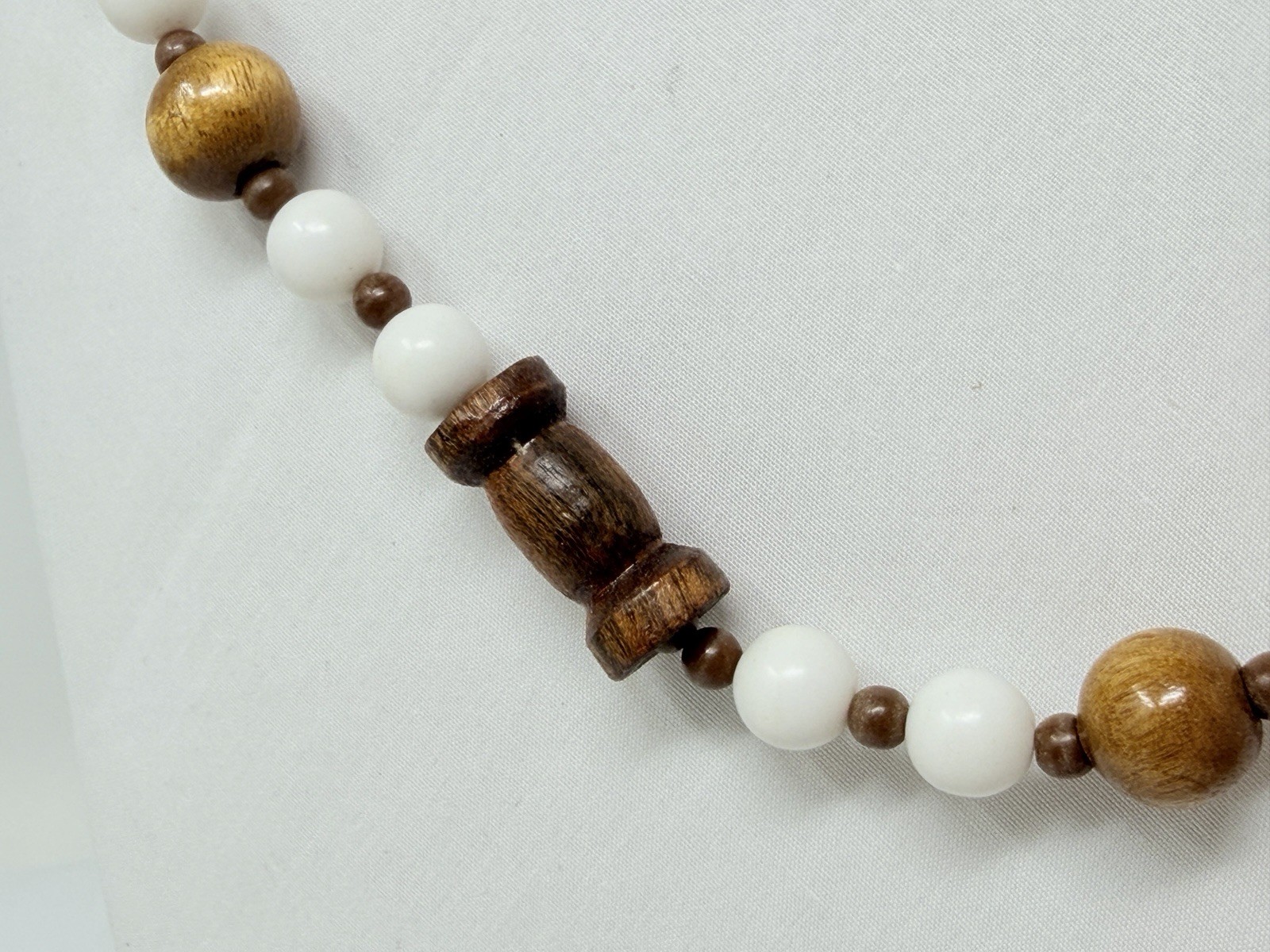 Vintage Carved Wood and White Lucite Bead 48″ Necklace