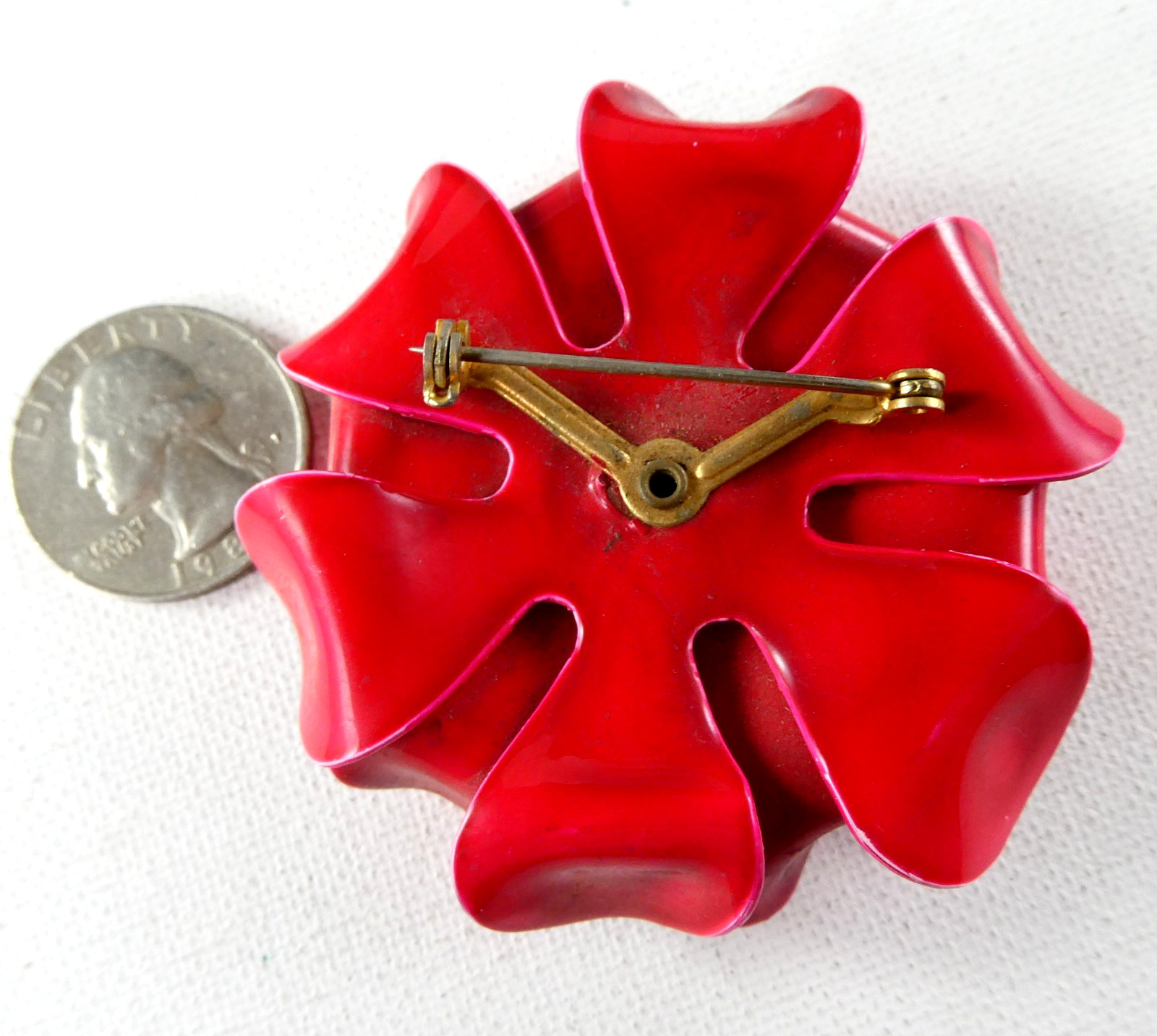 Vintage RED Metal Enamel Flower Pin Brooch Raised Petals Double Layered Retro