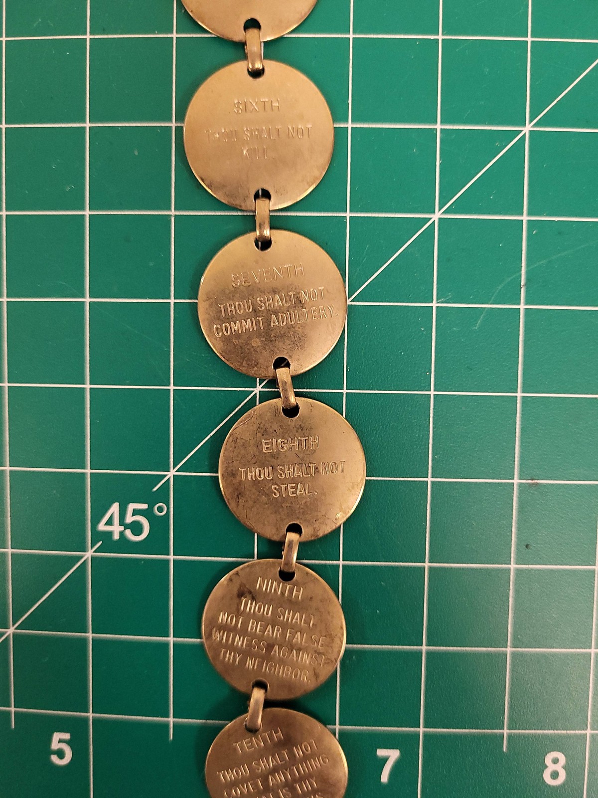 Vintage Ten Commandments Gold Tone Religious Medallion Coin Link Bracelet Clip