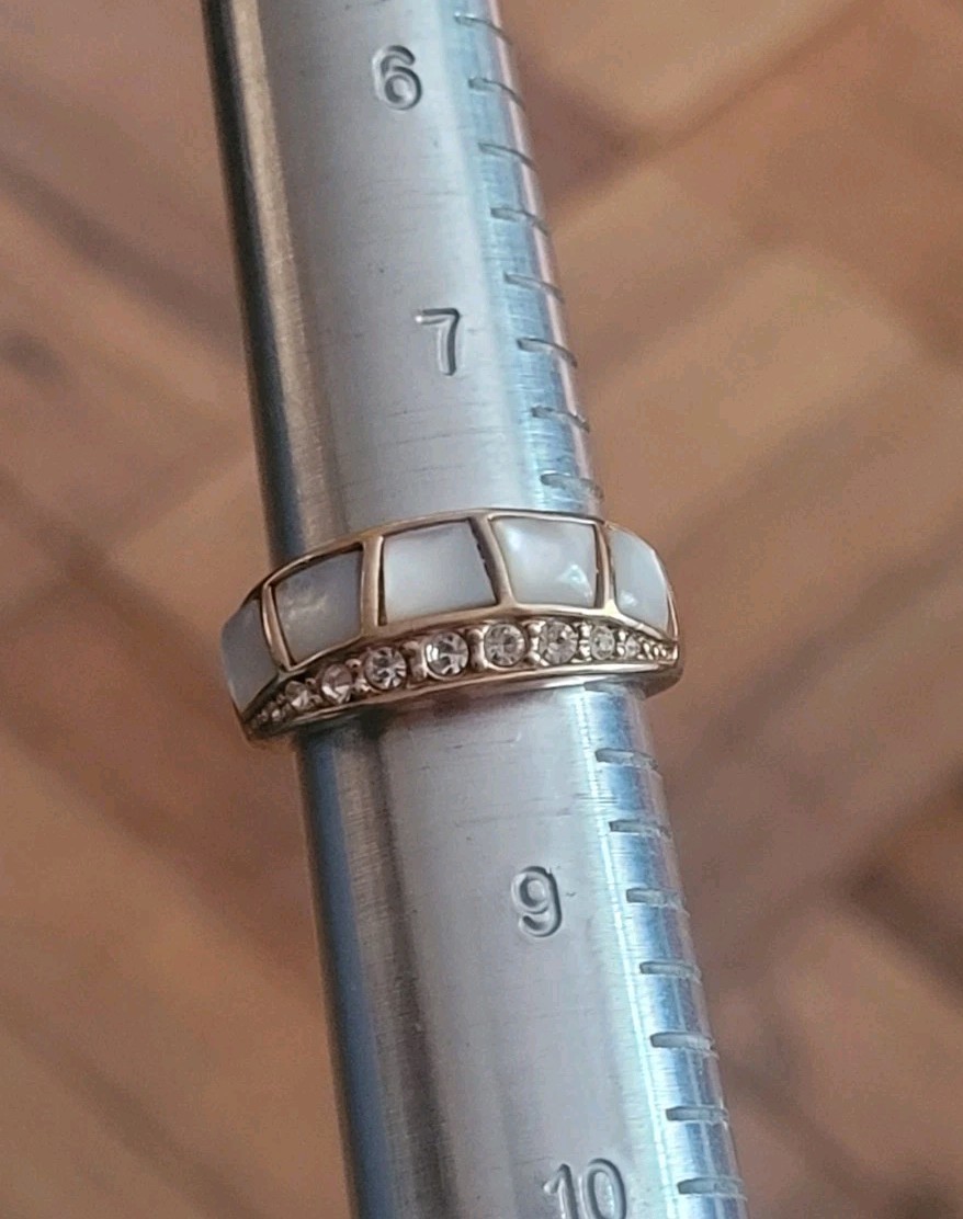 Vintage 18K Rolled Gold Plate Ring Wt 7.4 Grams Mop Inlay / Rhinestone Size 8