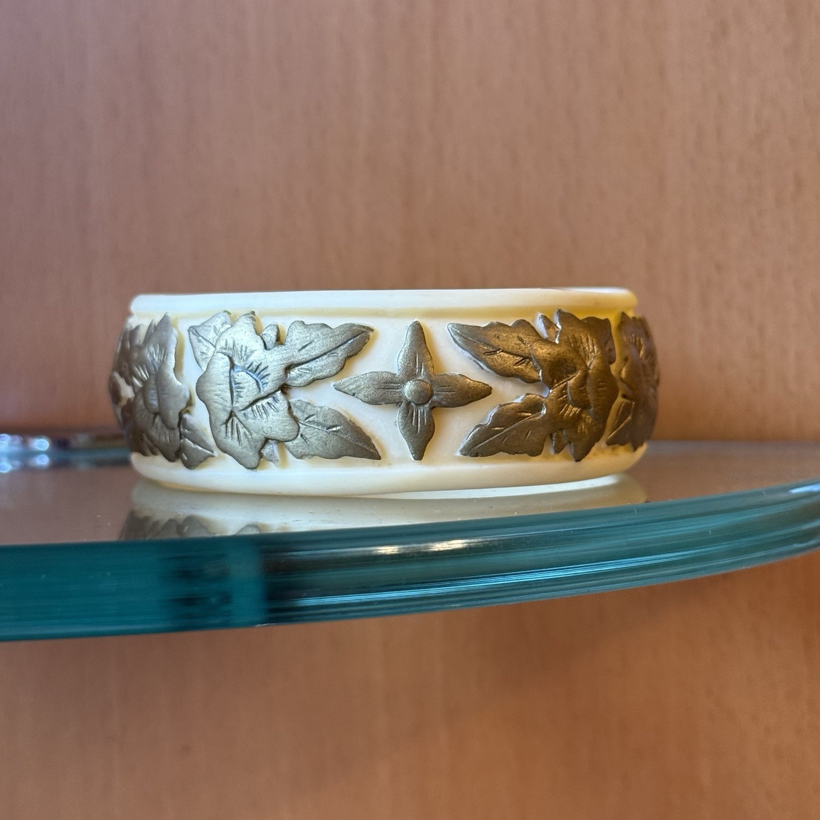 French Ivory? Celluloid Bangle Carved Floral Rose Motif Matte Finish Circa 1920?