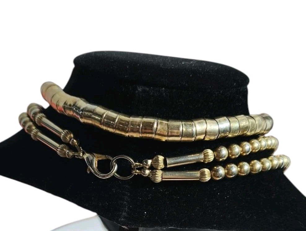 Vintage Retro Long Gold Tone Metal Beaded Statement Costume Flapper Necklace