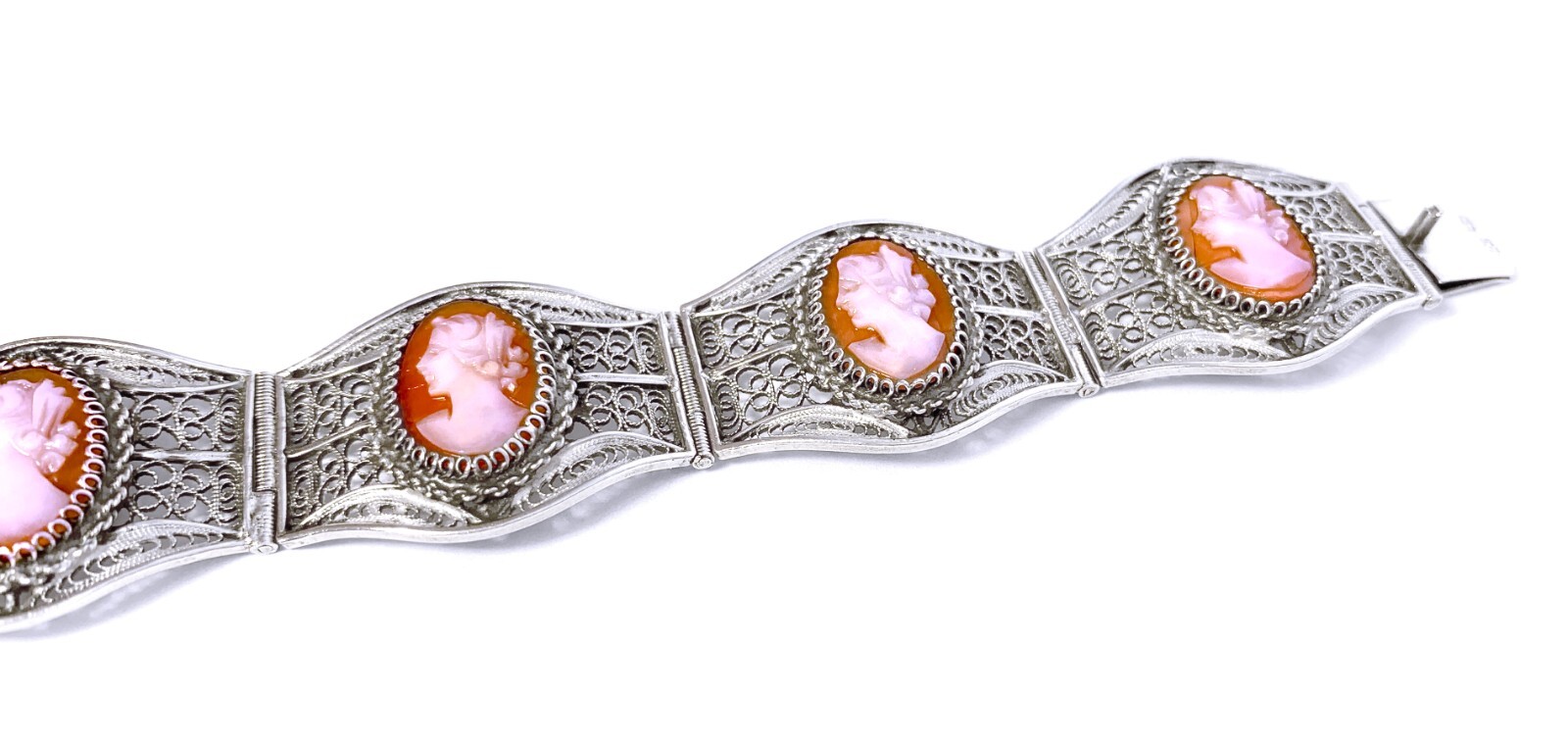 Vintage 6 Cameo Cannetille Bracelet & Cameo Earrings from Italy 800 925 Silver