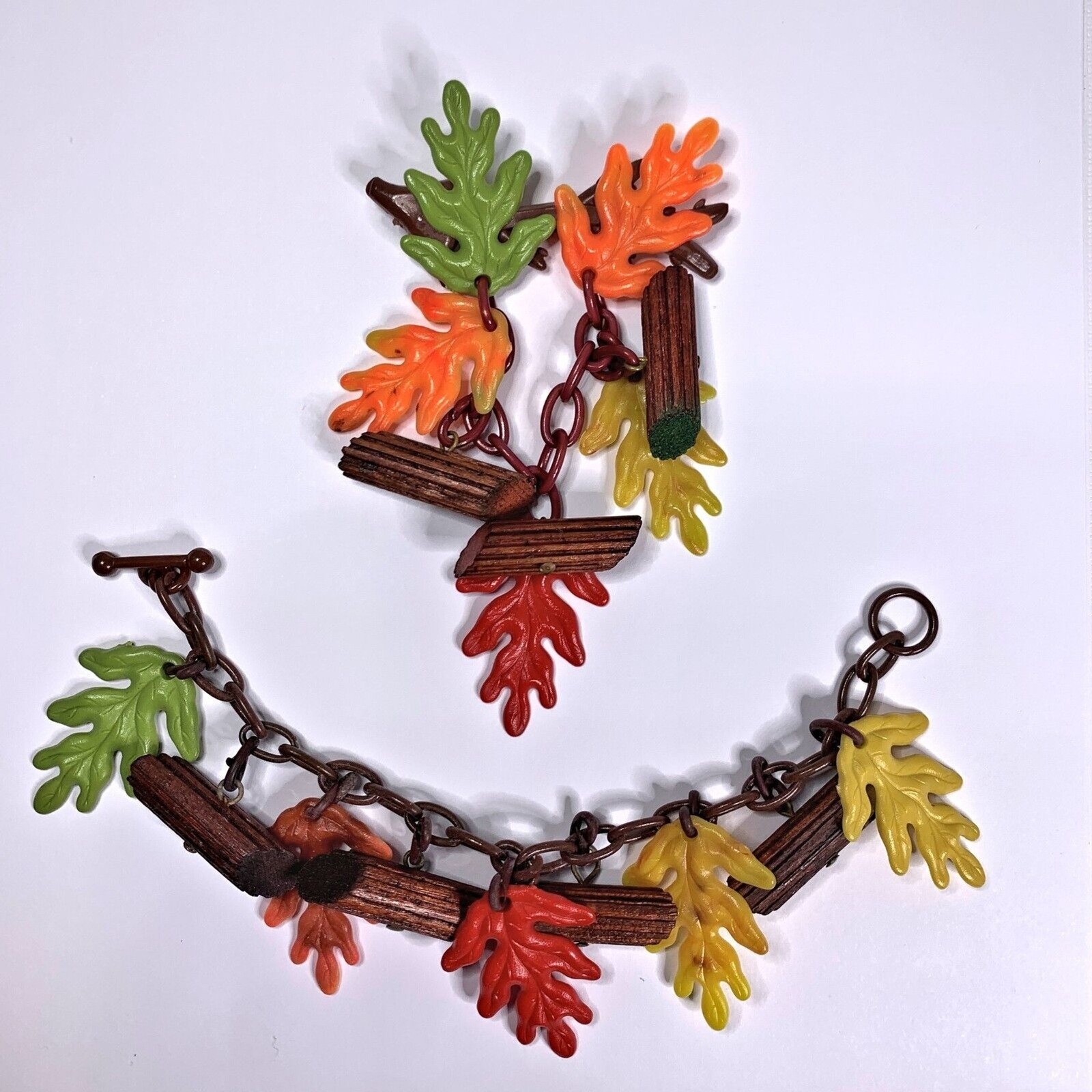 40s Vintage Brooch Bracelet Set Oak Leaves Branches Boho Earthy Granola Cottage