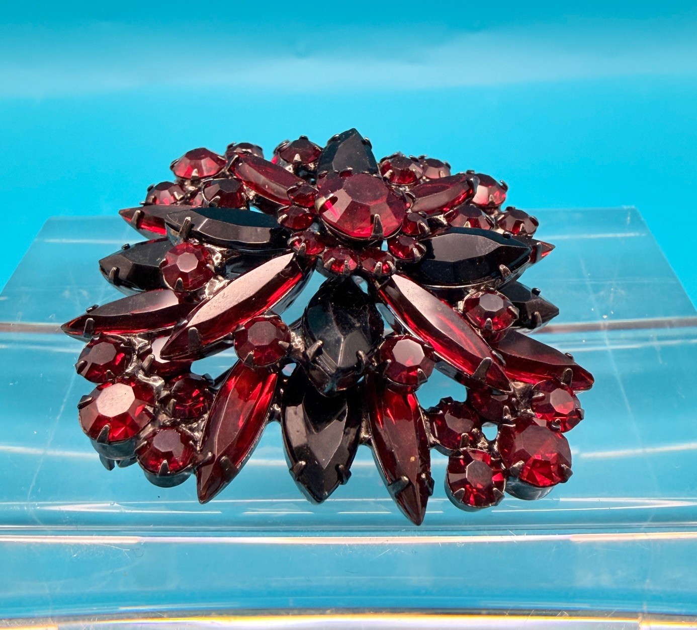 Juliana D&E Brooch/Pendant Vtg Ruby Red & Black Glass Rhinestones Verified 7125