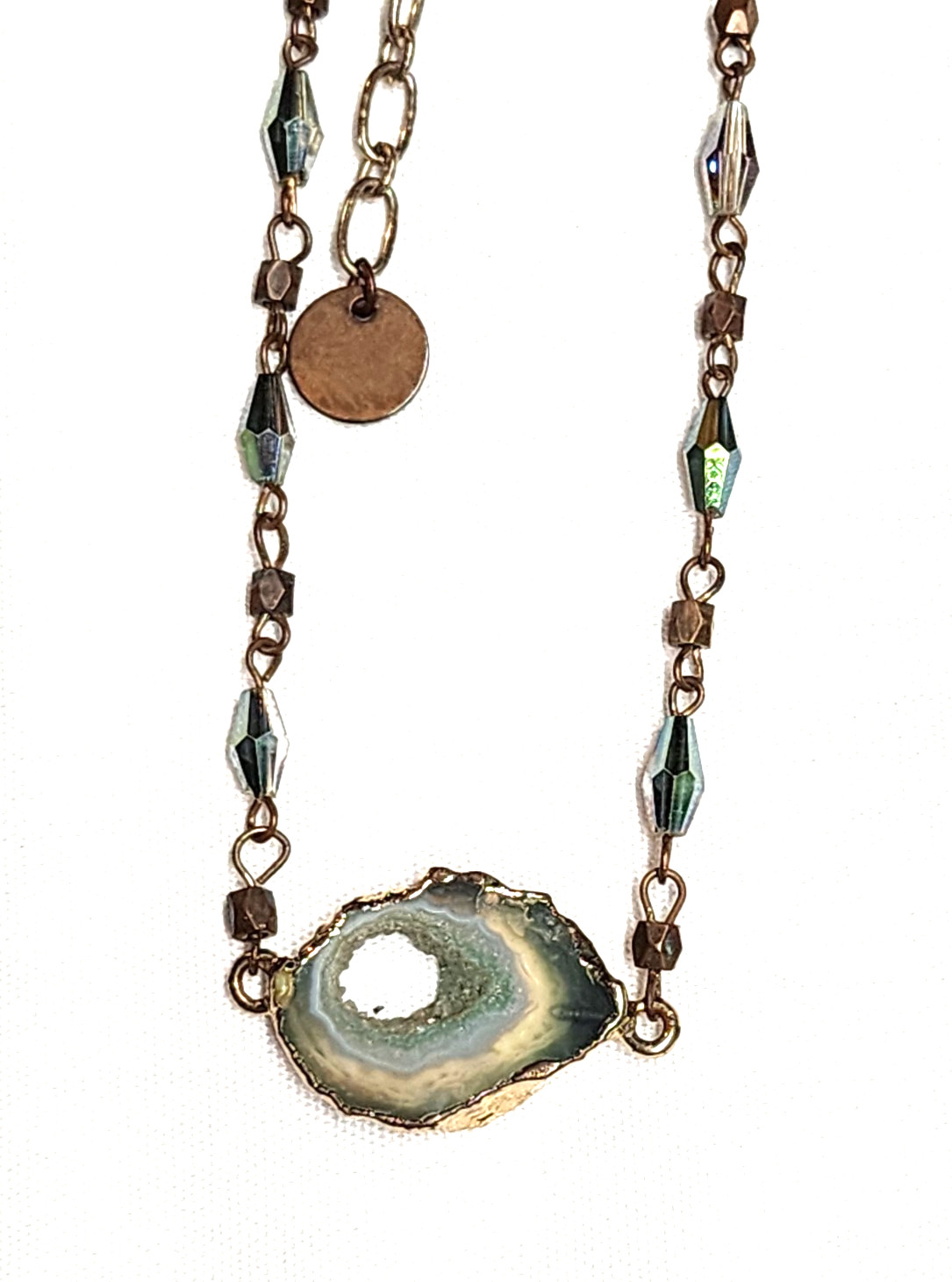 Vintage Sweet Lola Brass Blue Green Beaded Geode Pendant Necklace 17″ Choker