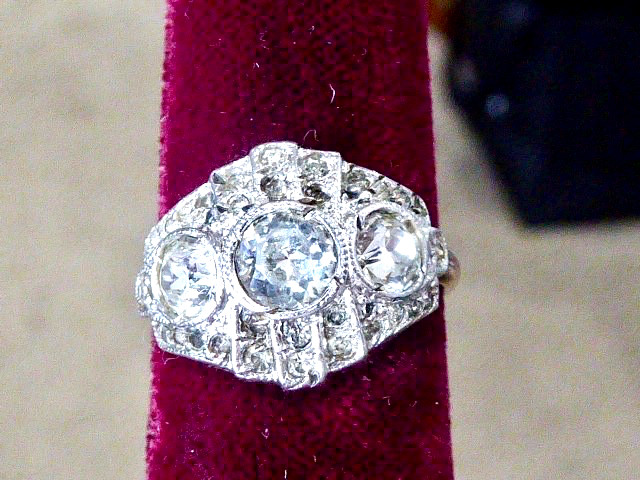 ANTIQUE EDWARDIAN 10K YG ON STERLING SILVER SIZE 6.75 CLEAR STONE RING DECO RING