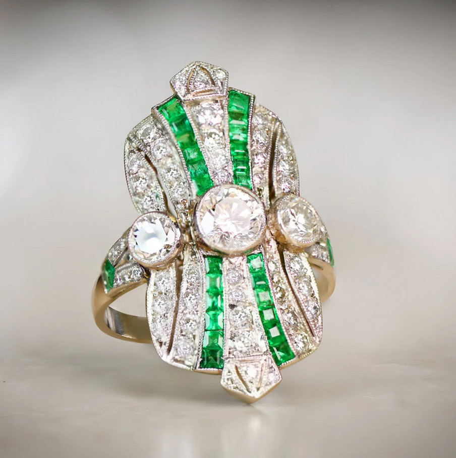Art Deco Style Old European Cut Lab-Created Diamond And Emerald Ring 925 Silver