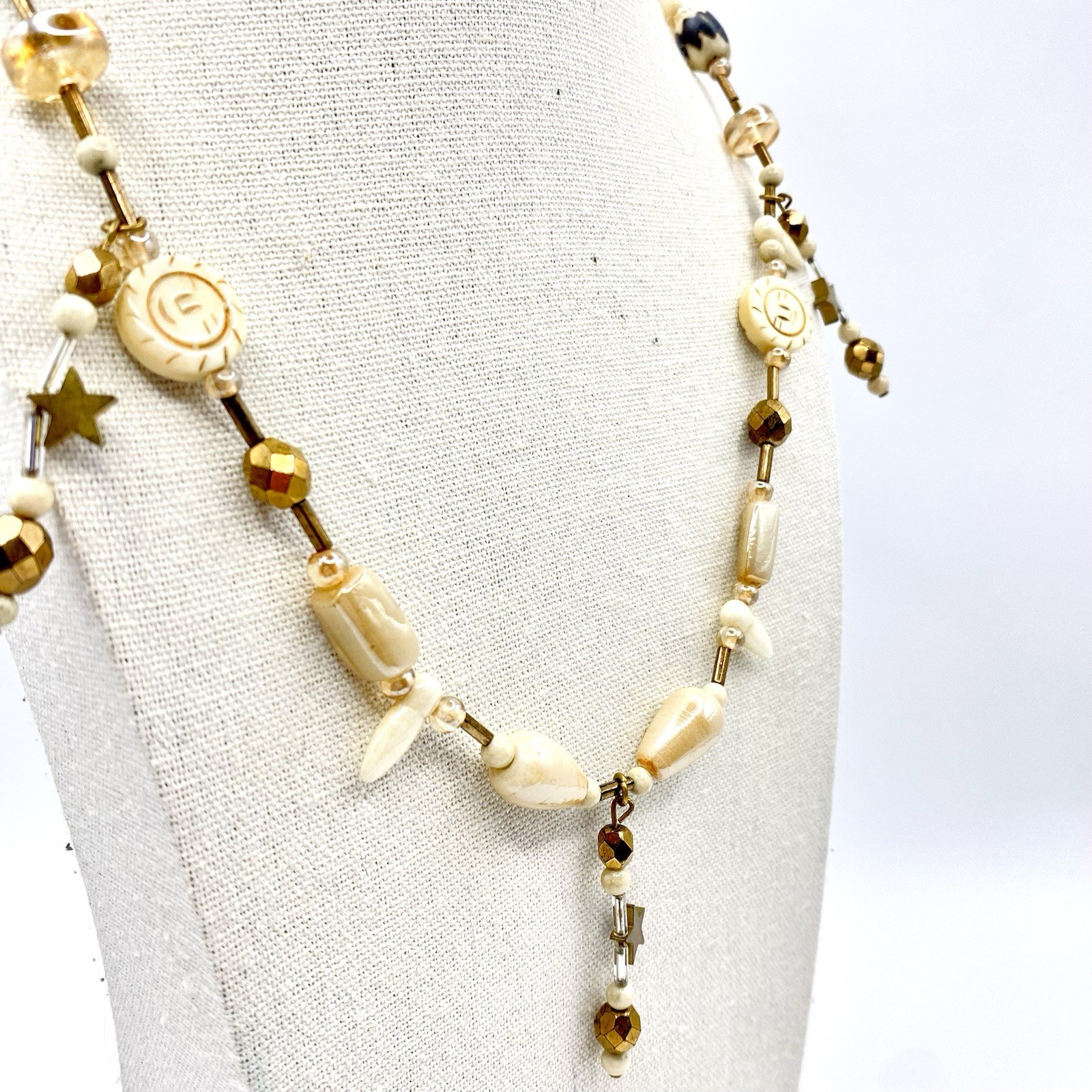 Vintage Tribal Celestial Gold Fish Porcelain Glass Whimsical Fringe Necklace
