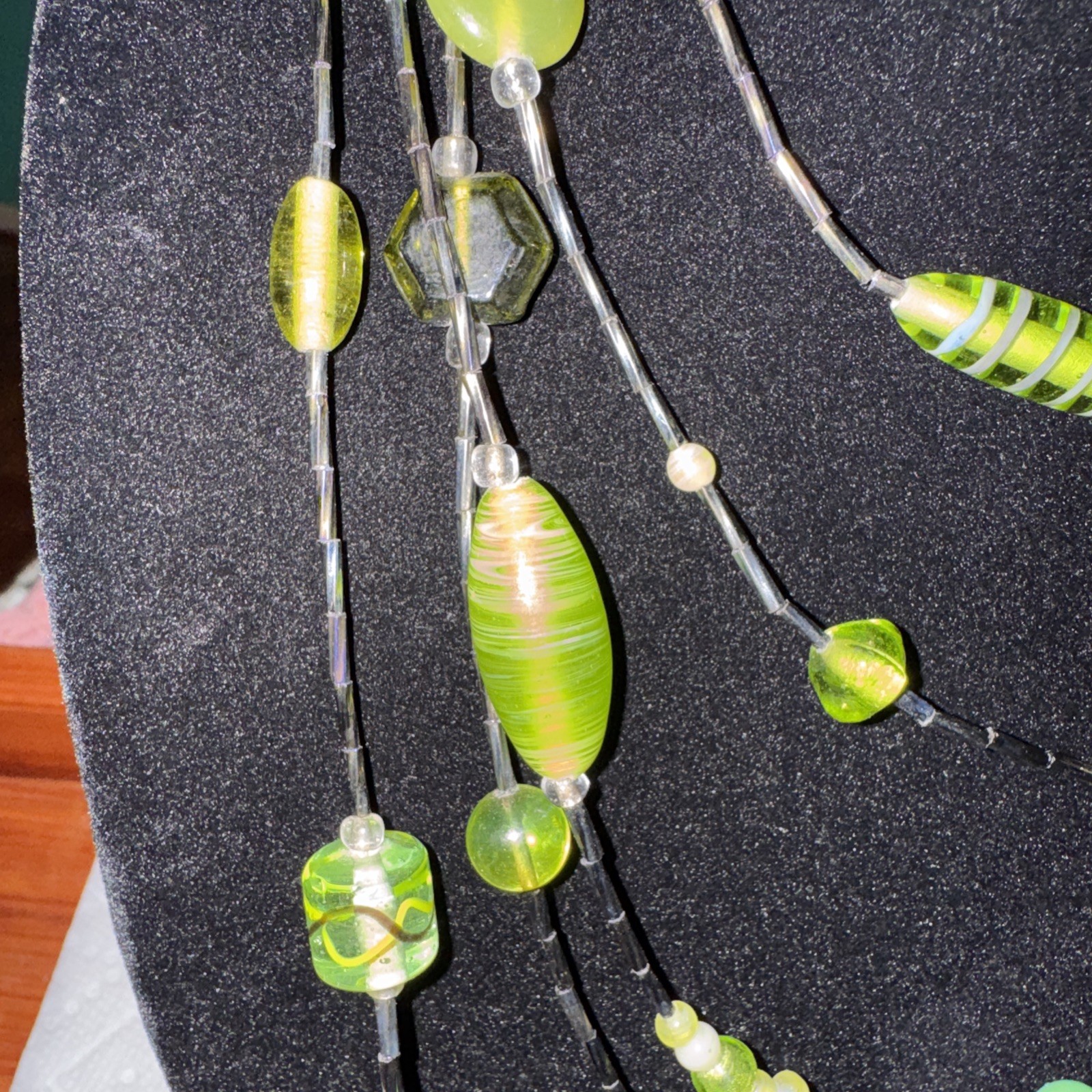 Vintage Chico’s Glass Beaded Green And Gold Colored Necklace 26 In 4 In Extende