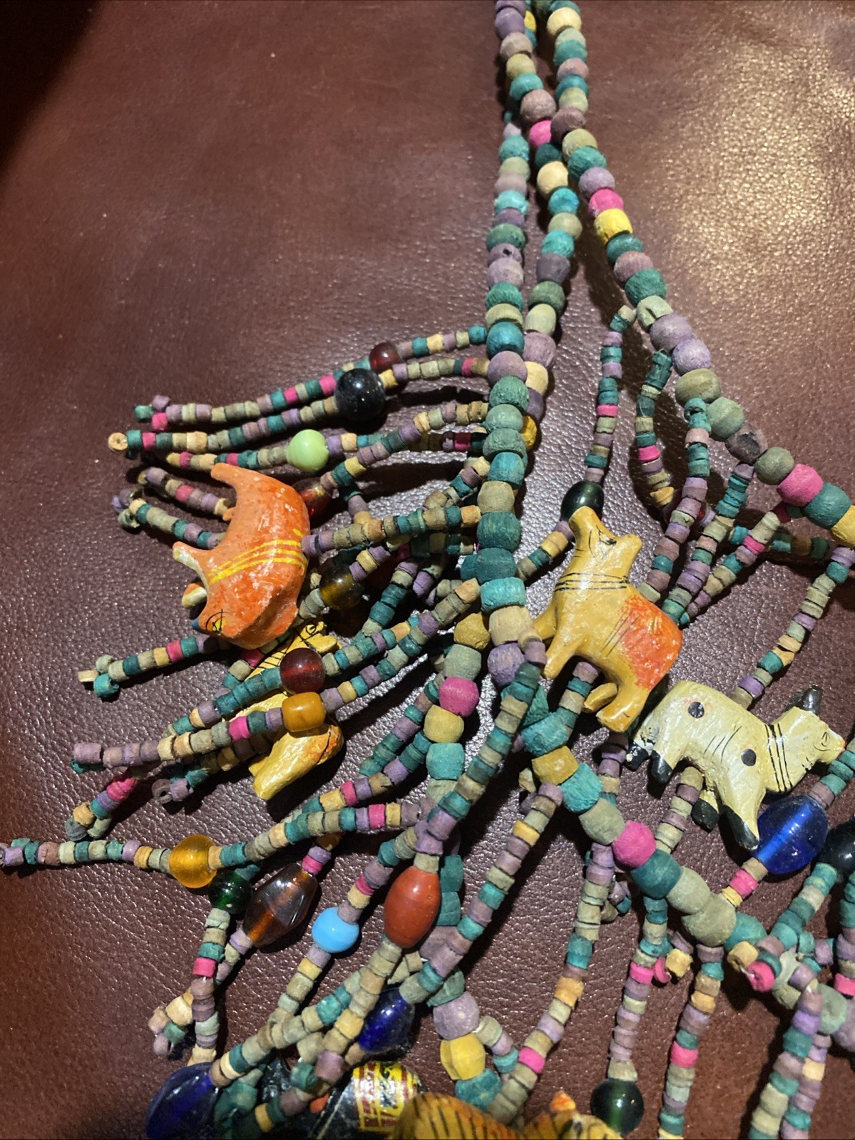 BOHO African Multi Strand Statement Necklace Wooden Carved Animals Fringe Beads