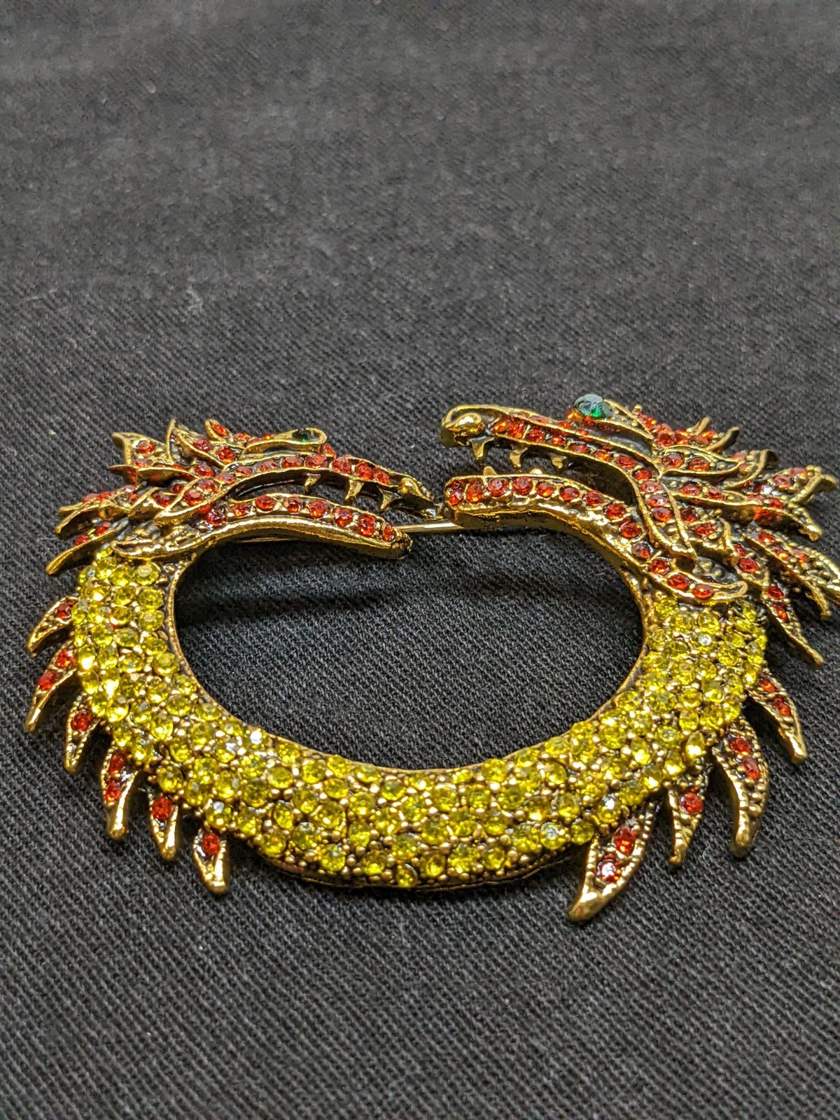 Vtg Dragon Brooch Gold Tone Green Red Rhinestone Chinese Fantasy Statement Pin