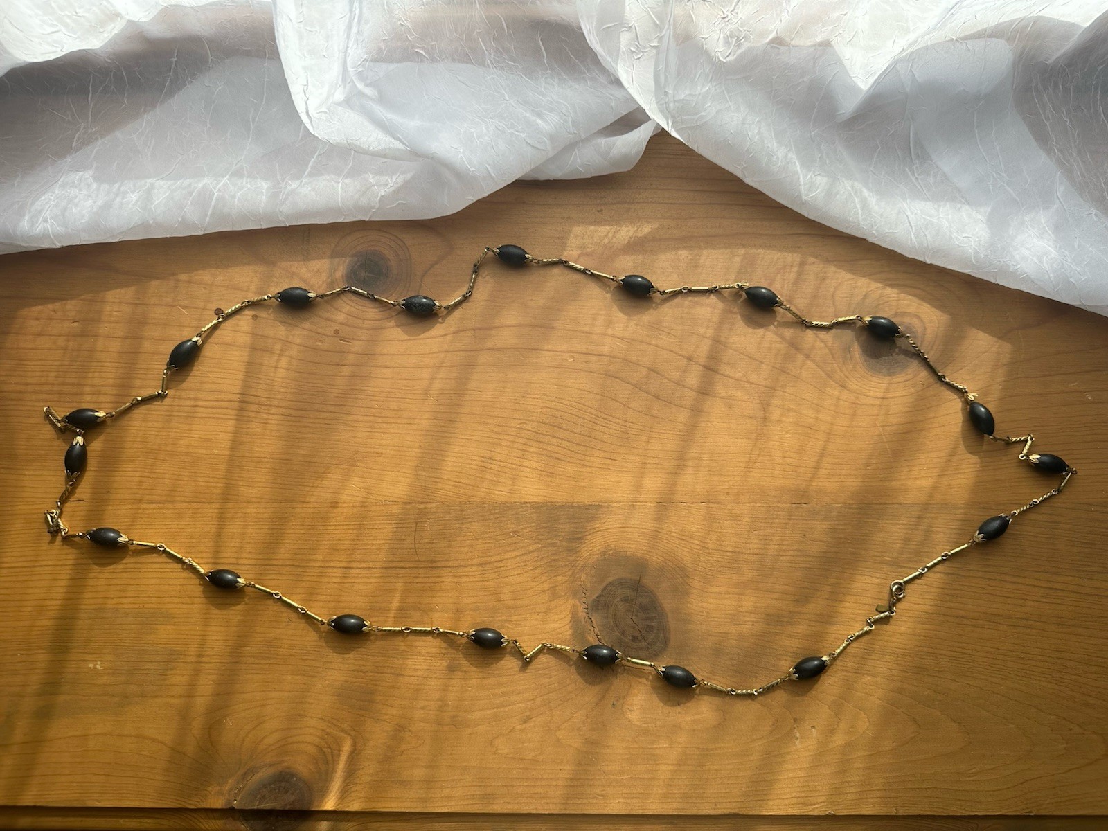 Tammy Jewels Vintage Black Beaded gold-tone Station Bar Link Necklace 56in