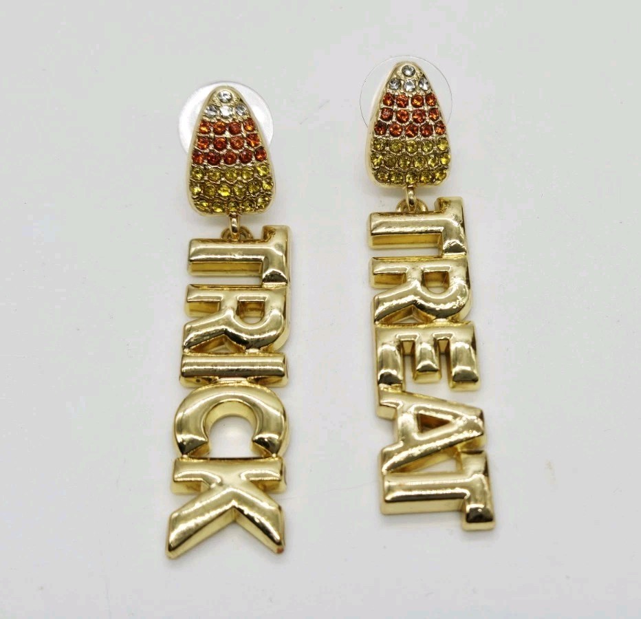 Candy Corn Trick Treat Earrings Crystal Gold tone Sugarfix by Baublebar 2.25 in