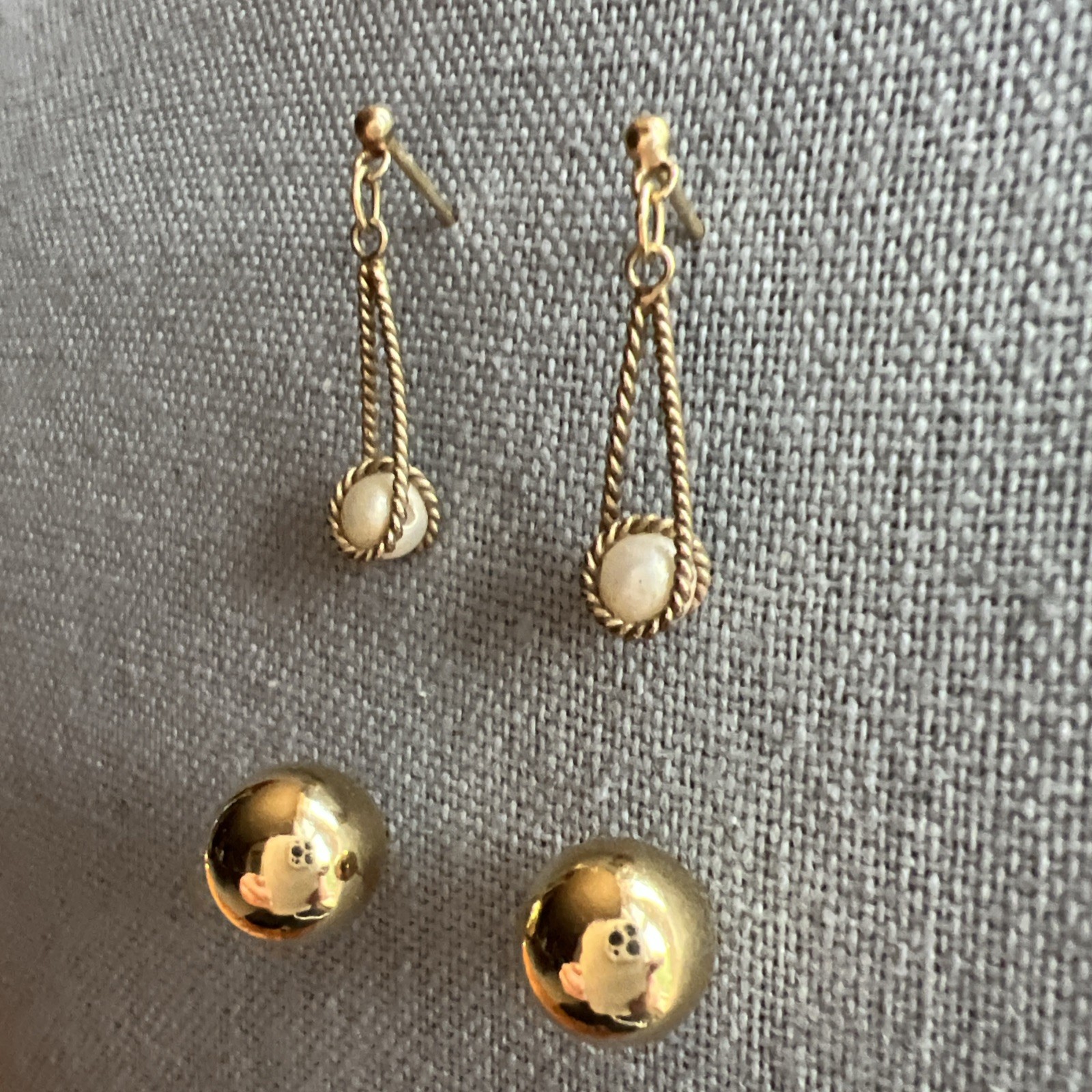 Two Pair Vintage Gold Tone Earrings; Faux Pearl; Gold Tone Ball; Classic!