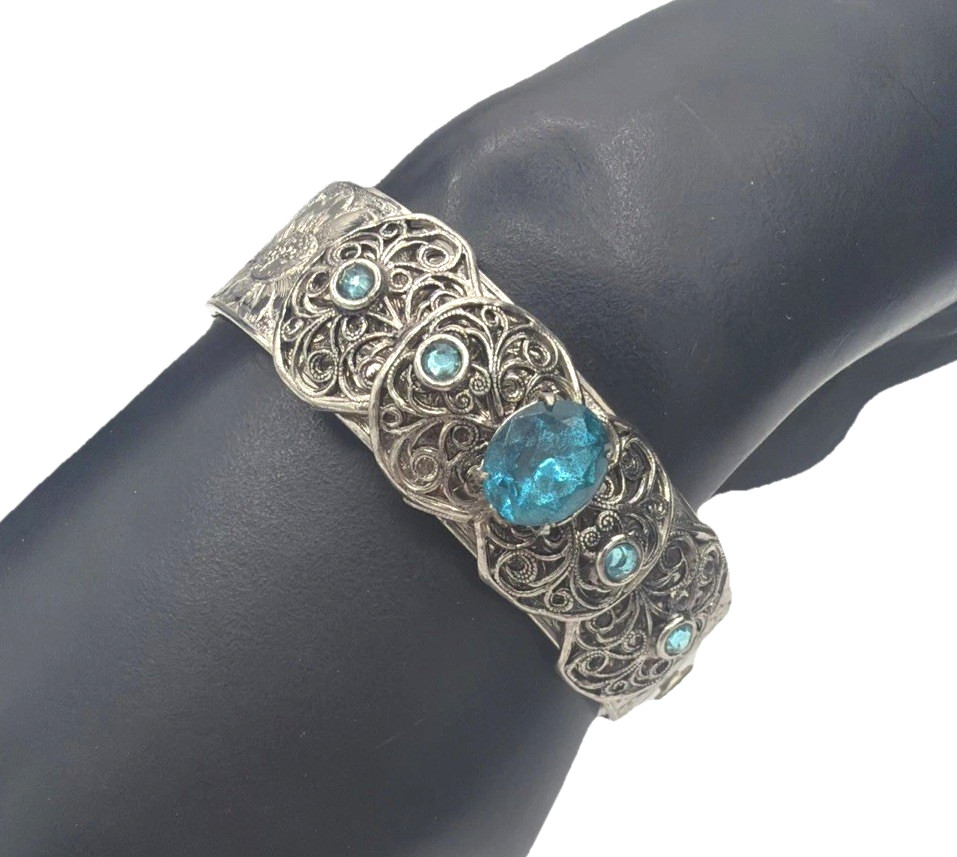 Vintage Art Deco Filigree Cuff Bracelet Silver Tone Blue Stones Openwork