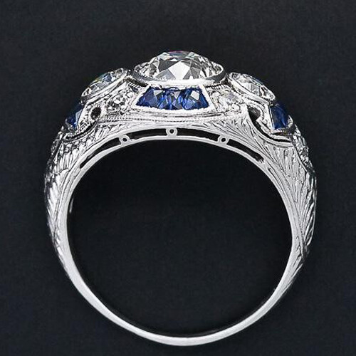 1.35Ct White Round Cut Simulated Diamond Three Stone Art Deco Ring In 925 Silver