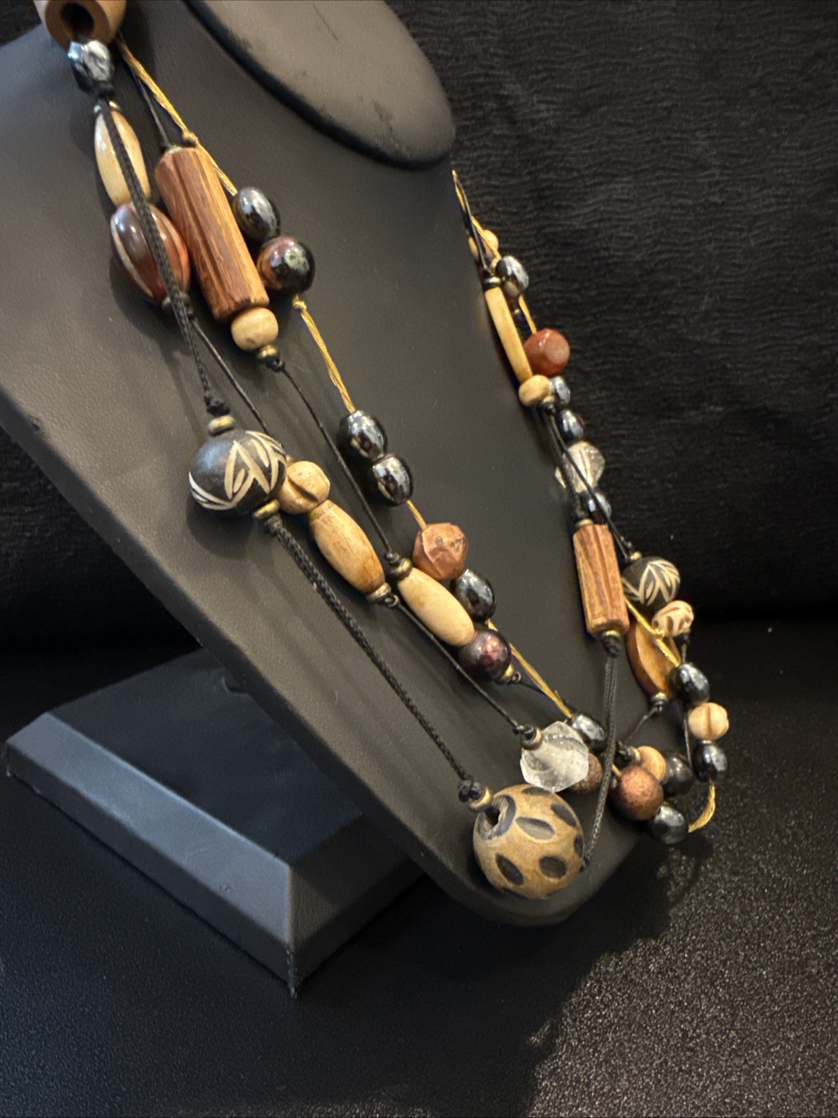 Vintage Multi Strand Carved Wood/ceramic Bead Boho Ornate Necklace Avant Garde